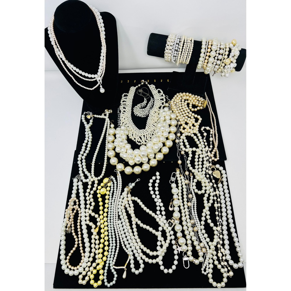 Vintage to Modern Pearl Necklace & Bracelet Gold & Silver Tone Beaded Lot of 30